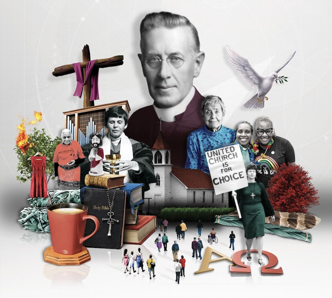 Collage of people in black and white with the bottom in colour of various items
